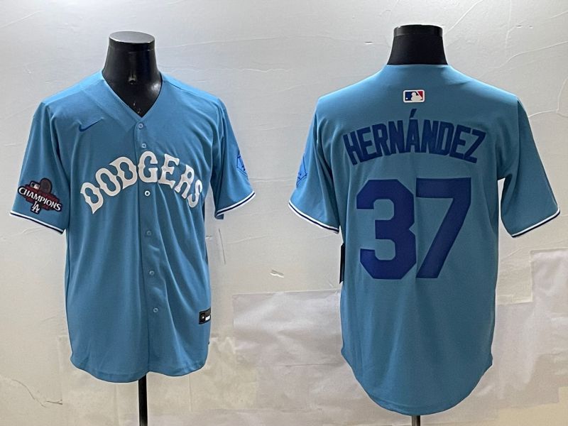 Men Los Angeles Dodgers 37 Hernandez Light Blue Joint Name 2025 Nike MLB Jersey style 2
